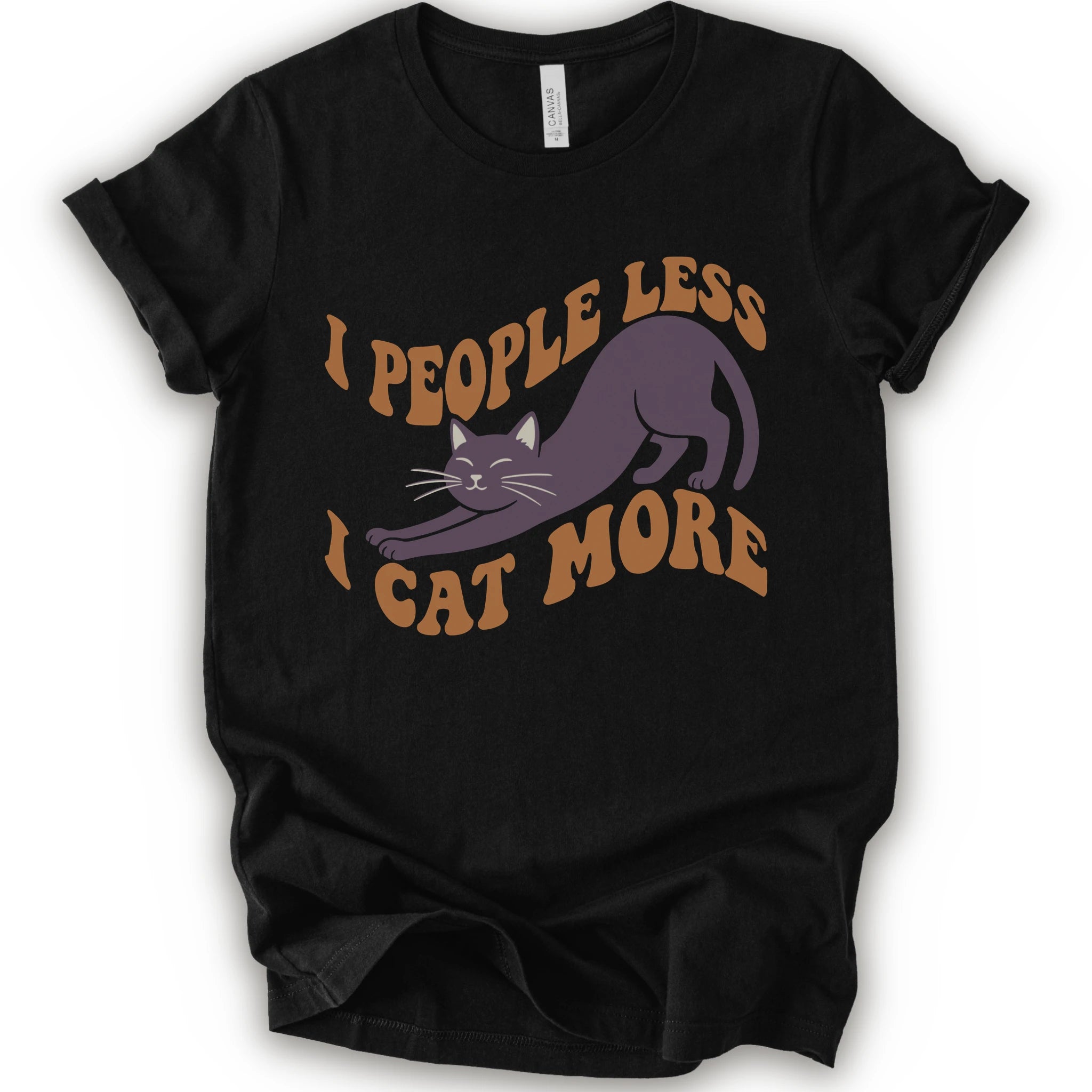 A black short-sleeve crewneck t-shirt with a graphic of a stretching purple cat and the text 'I PEOPLE LESS I CAT MORE' in dark orange.