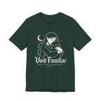 A forest short-sleeve crewneck t-shirt featuring a graphic with Woman hugging a black cat beneath a crescent moon with “Void Familiar” and “Weird. Tired. Perfectly Fine.” text