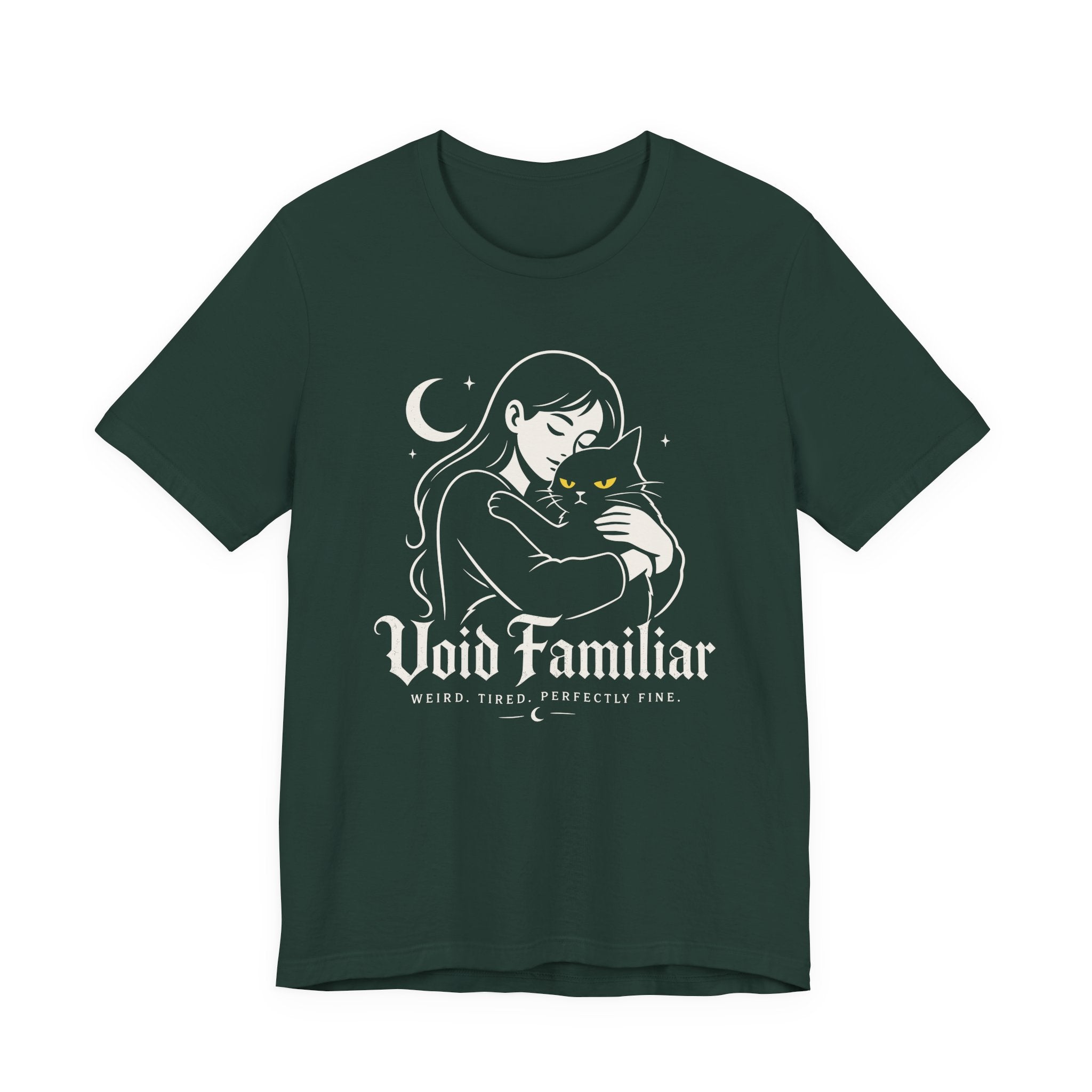 A forest short-sleeve crewneck t-shirt featuring a graphic with Woman hugging a black cat beneath a crescent moon with “Void Familiar” and “Weird. Tired. Perfectly Fine.” text