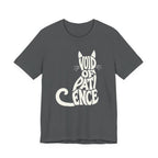 A asphalt short-sleeve crewneck t-shirt featuring a graphic with “VOID OF PATIENCE” lettering arranged as a cream cat silhouette with ears, whiskers, and a curled tail