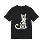 A black short-sleeve crewneck t-shirt featuring a graphic with “VOID OF PATIENCE” lettering arranged as a cream cat silhouette with ears, whiskers, and a curled tail