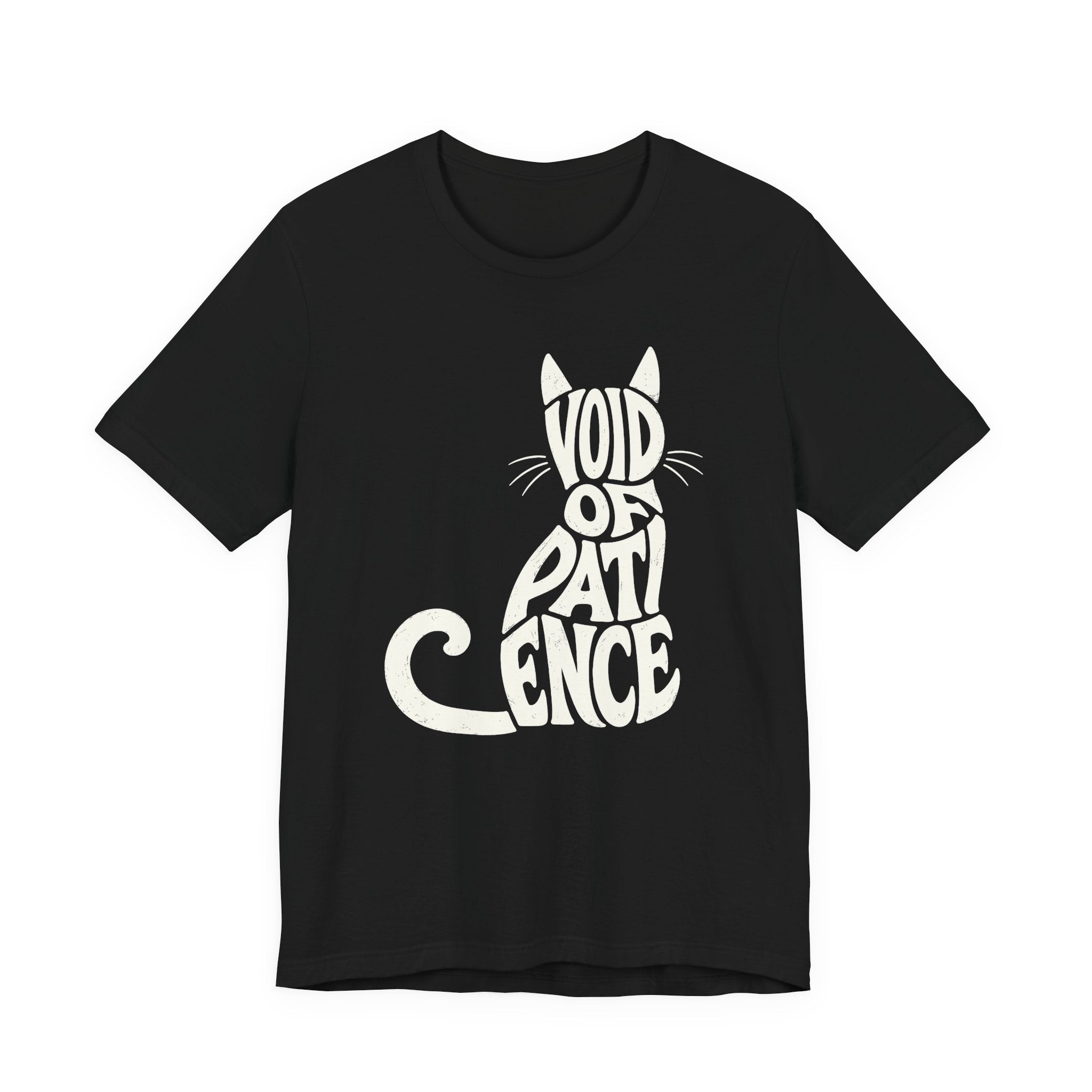 A black short-sleeve crewneck t-shirt featuring a graphic with “VOID OF PATIENCE” lettering arranged as a cream cat silhouette with ears, whiskers, and a curled tail