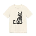 A natural short-sleeve crewneck t-shirt featuring a graphic with “VOID OF PATIENCE” lettering arranged as a black cat silhouette with ears, whiskers, and a curled tail