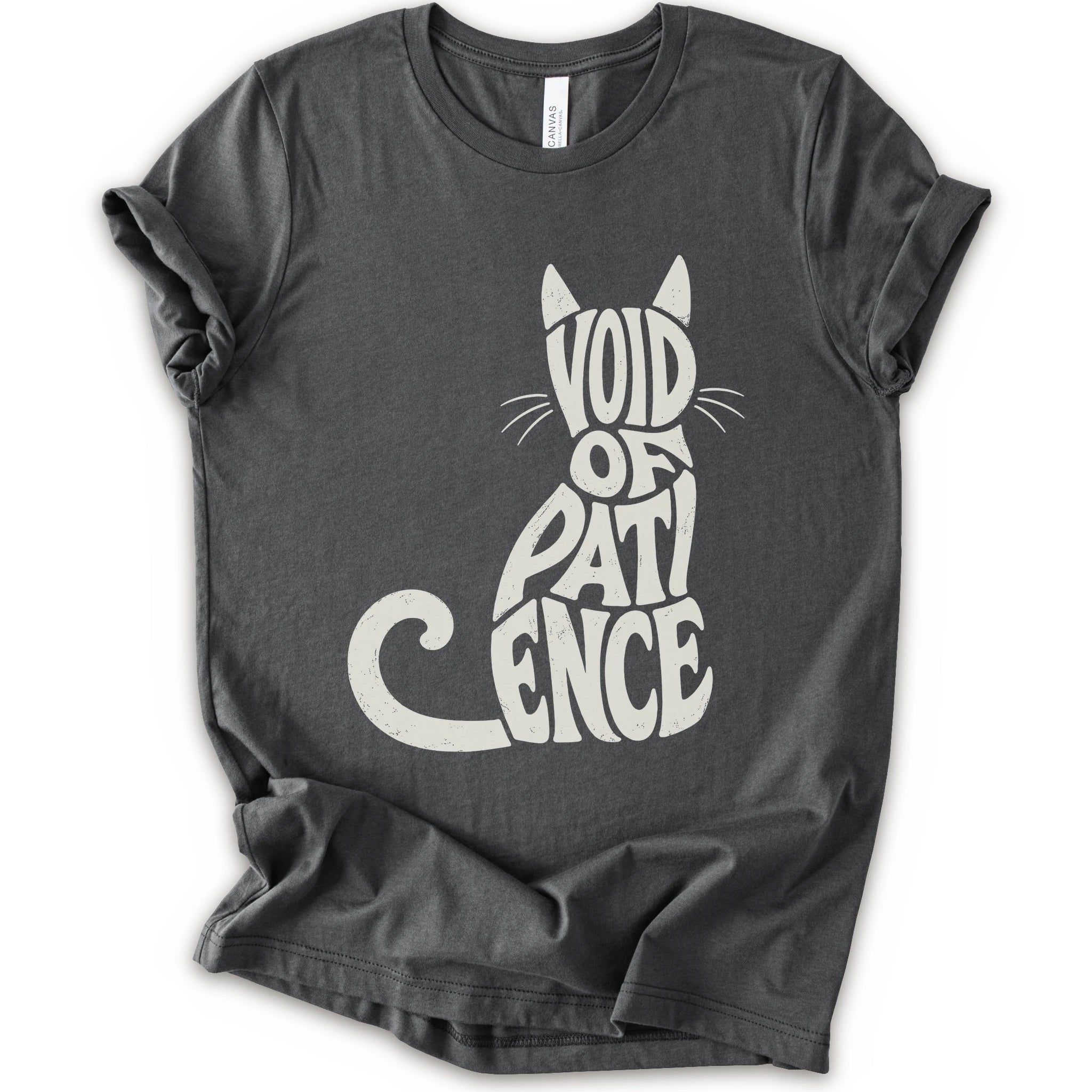 Asphalt graphic t-shirt with “VOID OF PATIENCE” lettering arranged as a cat silhouette with ears, whiskers, and a curled tail