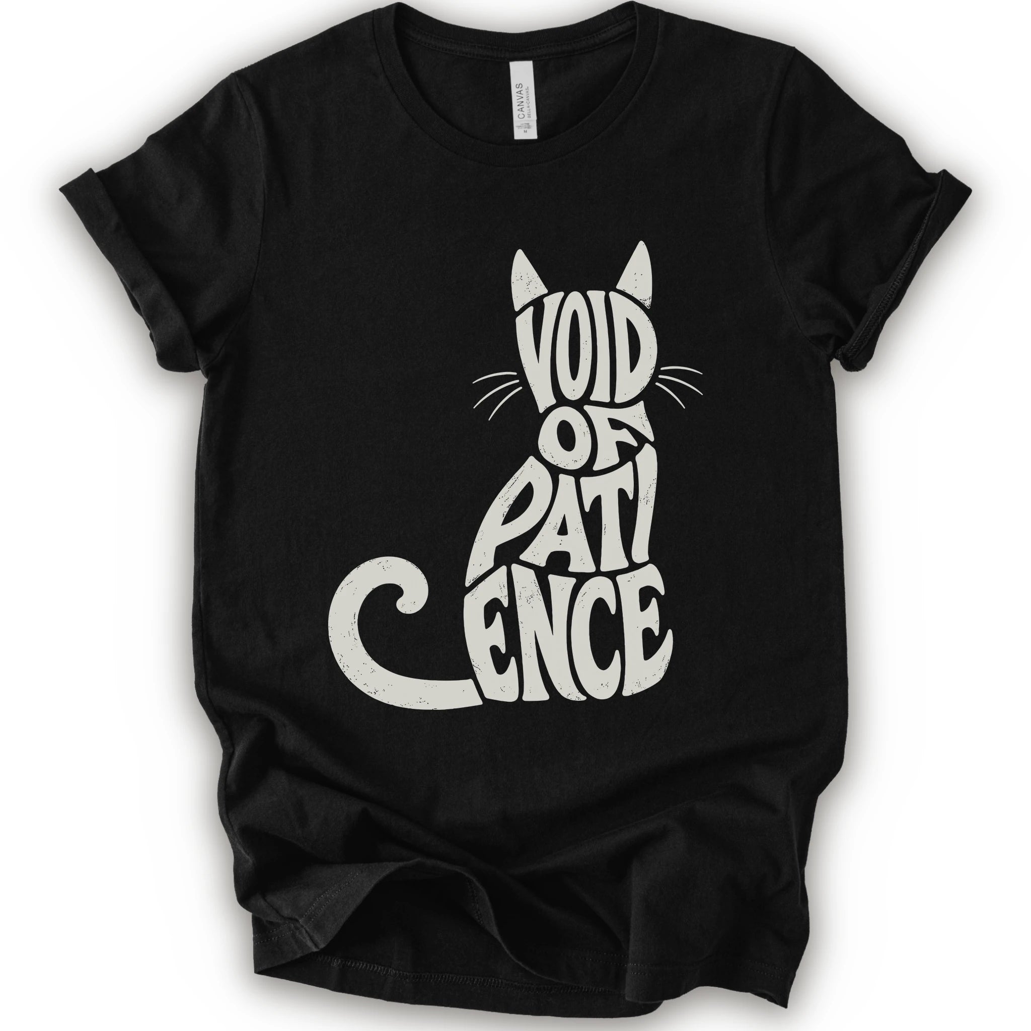 Black graphic t-shirt with “VOID OF PATIENCE” lettering arranged as a cat silhouette with ears, whiskers, and a curled tail