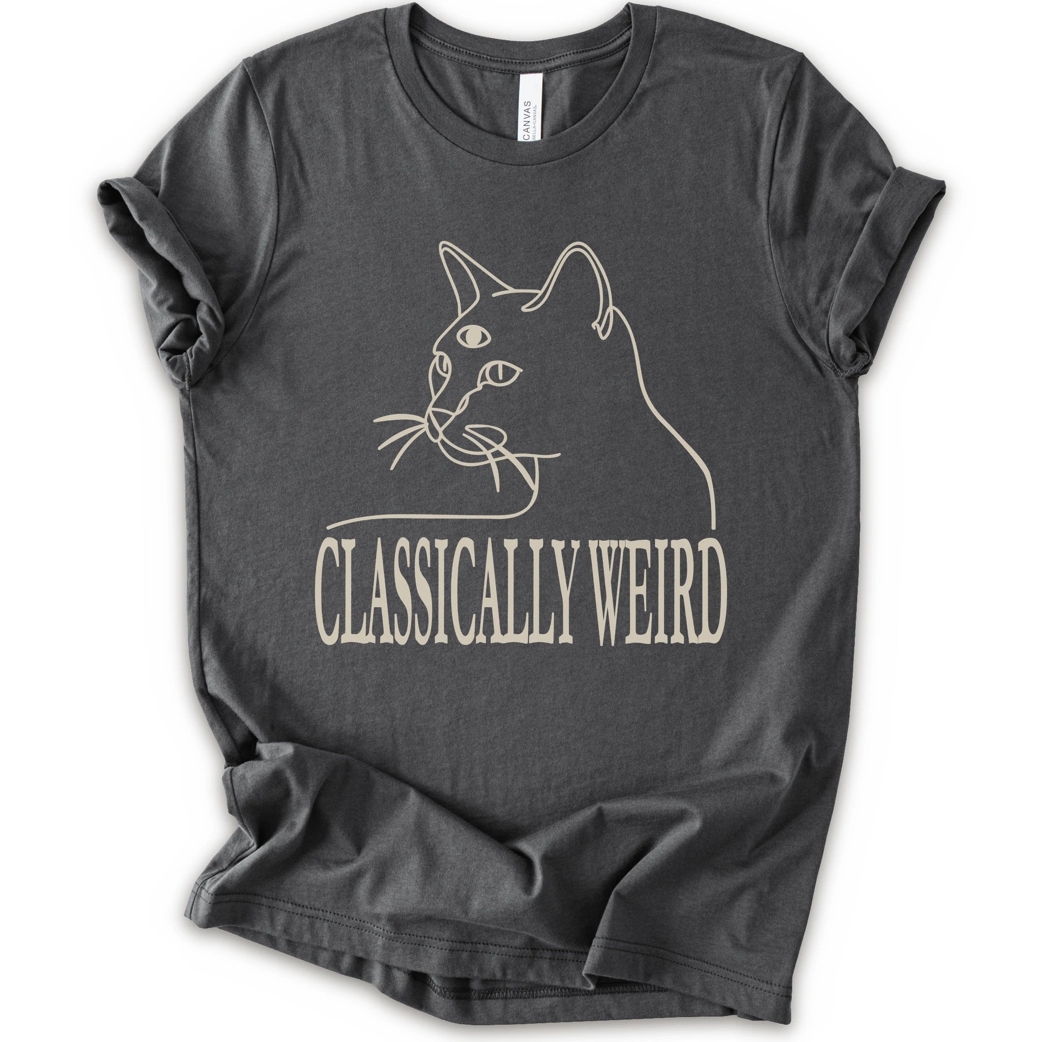A asphalt short-sleeve crewneck t-shirt with a cream-colored graphic of a cat's outline and the text 'CLASSICALLY WEIRD'.