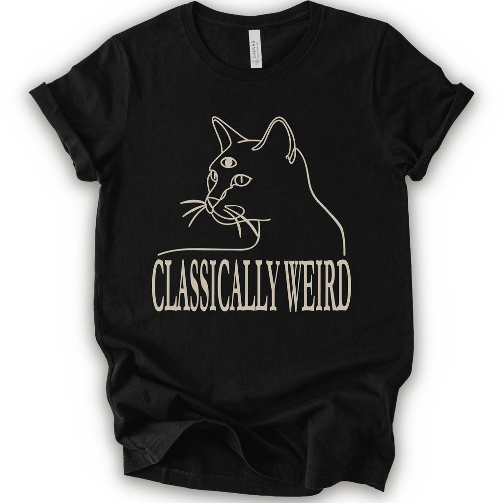 A black short-sleeve crewneck t-shirt with a cream-colored graphic of a cat's outline and the text 'CLASSICALLY WEIRD'.