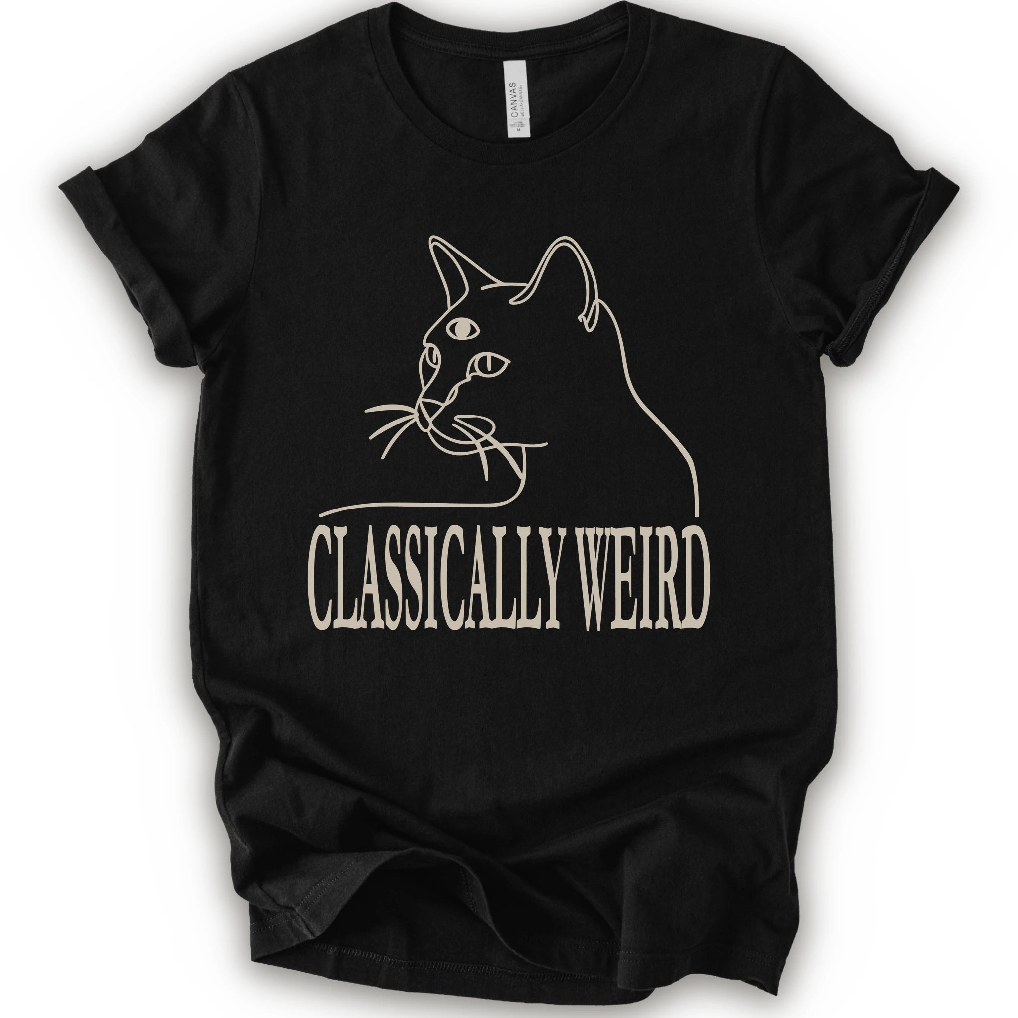 A black short-sleeve crewneck t-shirt with a cream-colored graphic of a cat's outline and the text 'CLASSICALLY WEIRD'.