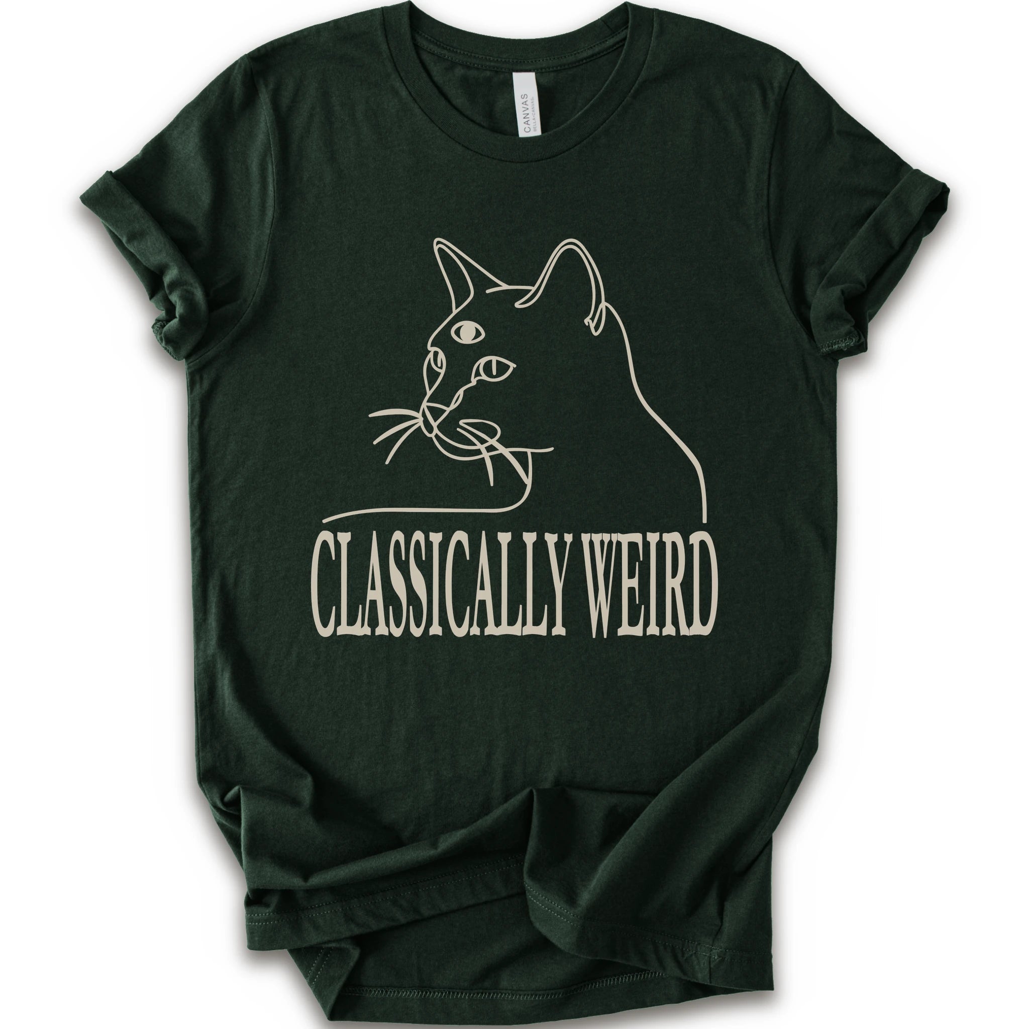 A forest short-sleeve crewneck t-shirt with a cream-colored graphic of a cat's outline and the text 'CLASSICALLY WEIRD'.