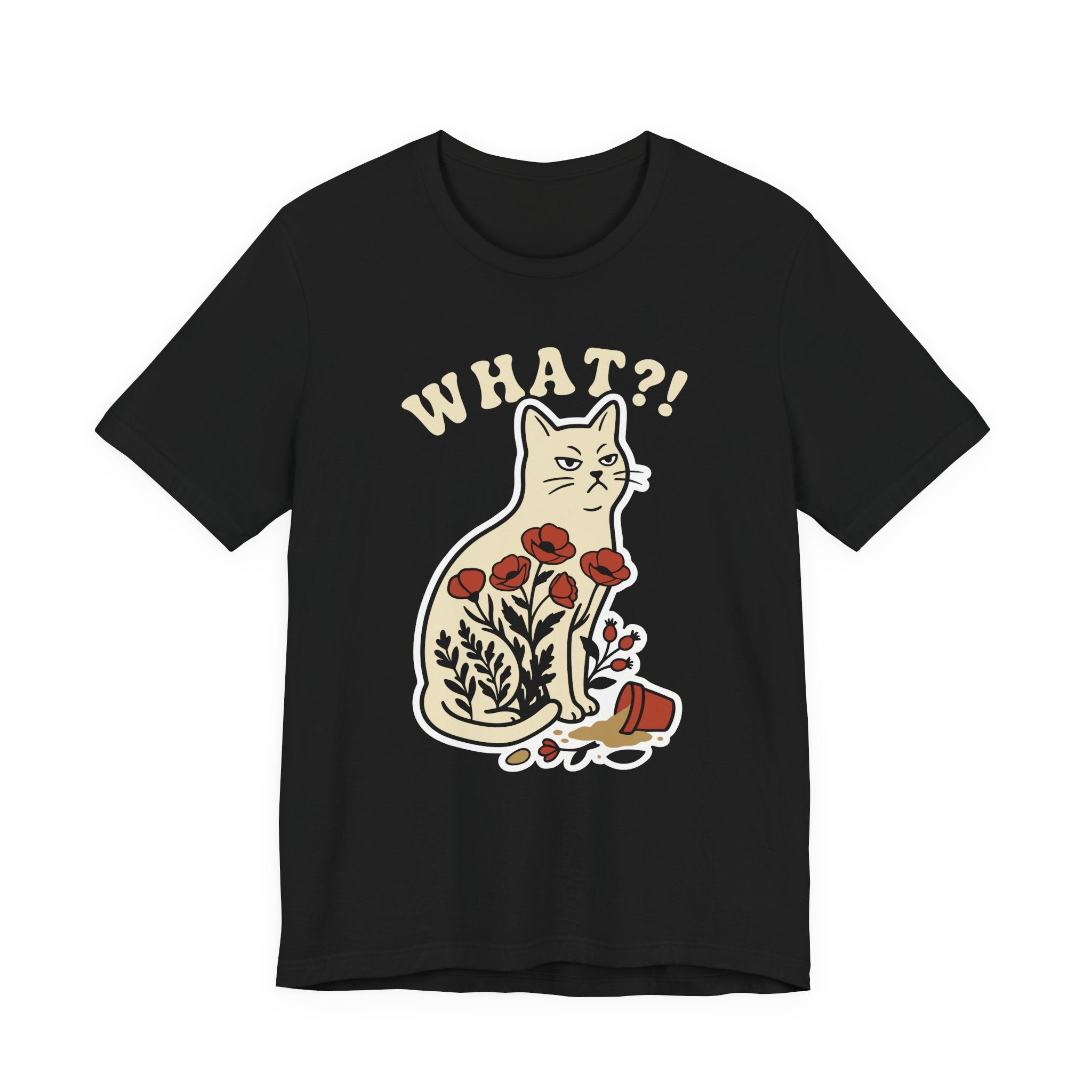 A black short-sleeve t-shirt with a graphic of a white cat sitting among red flowers, with the text 'WHAT?!' above it