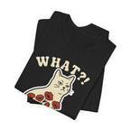 A folded black t-shirt featuring a graphic of an unimpressed beige cat with red flowers and the text 'WHAT?!' in beige.