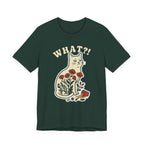 A forest short-sleeve t-shirt with a graphic of a white cat sitting among red flowers, with the text 'WHAT?!' above it