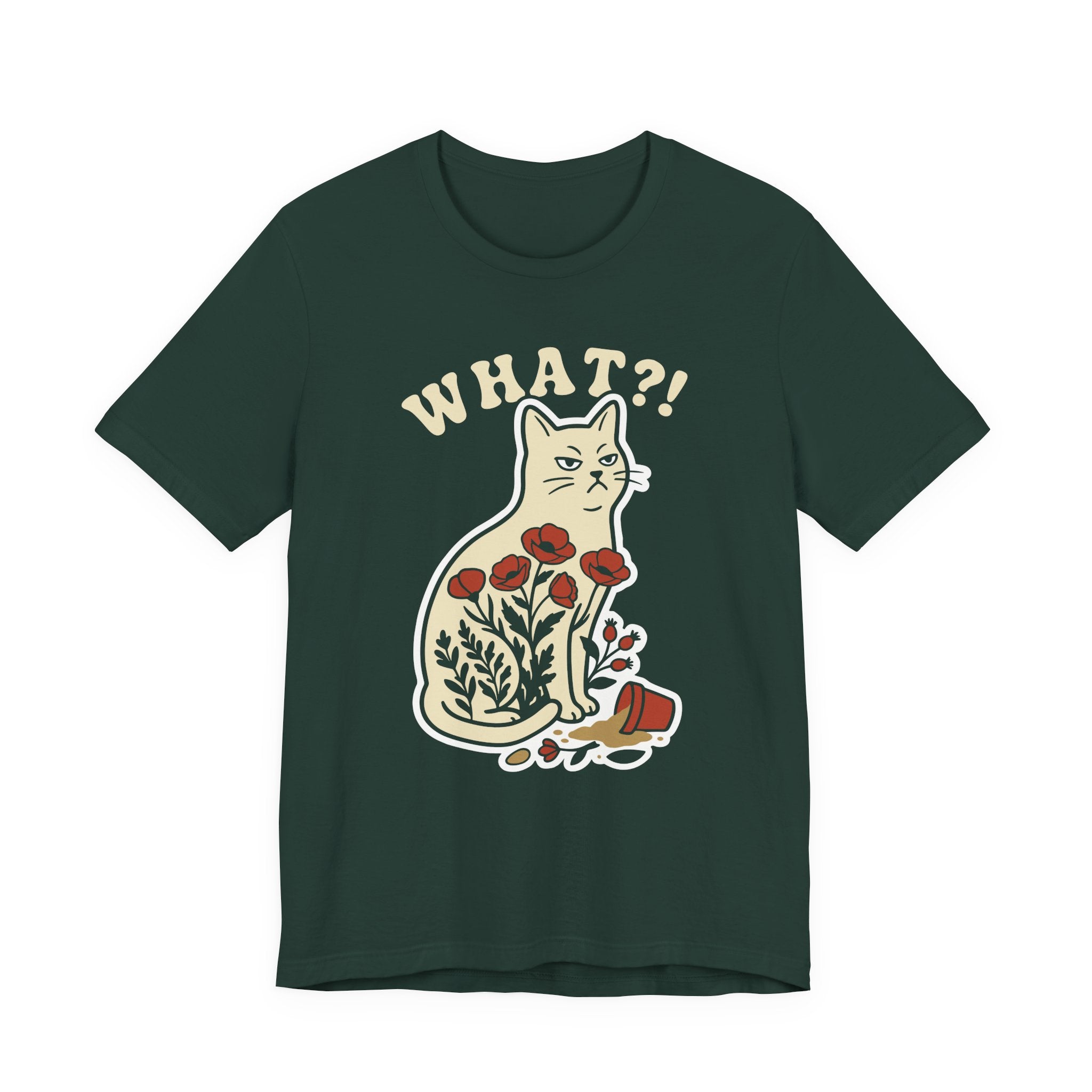 A forest short-sleeve t-shirt with a graphic of a white cat sitting among red flowers, with the text 'WHAT?!' above it