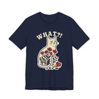 A navy short-sleeve t-shirt with a graphic of a white cat sitting among red flowers, with the text 'WHAT?!' above it