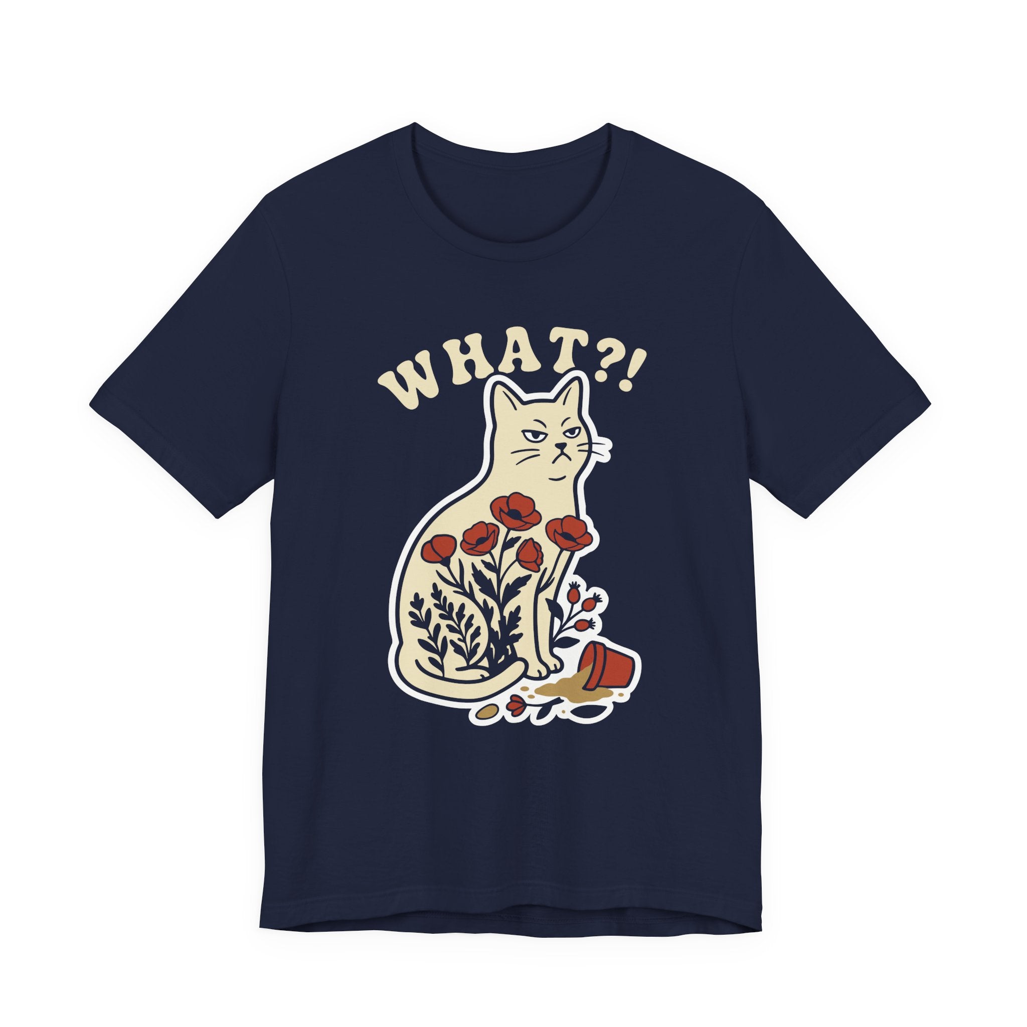 A navy short-sleeve t-shirt with a graphic of a white cat sitting among red flowers, with the text 'WHAT?!' above it