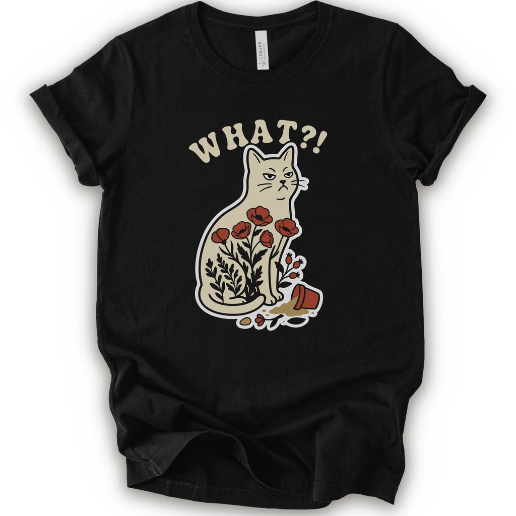 What?! Funny Cat Plant Pot Chaos T-Shirt - Black graphic t-shirt