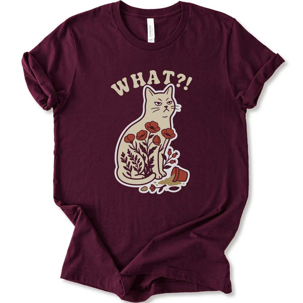What?! Funny Cat Plant Pot Chaos T-Shirt - Maroon graphic t-shirt