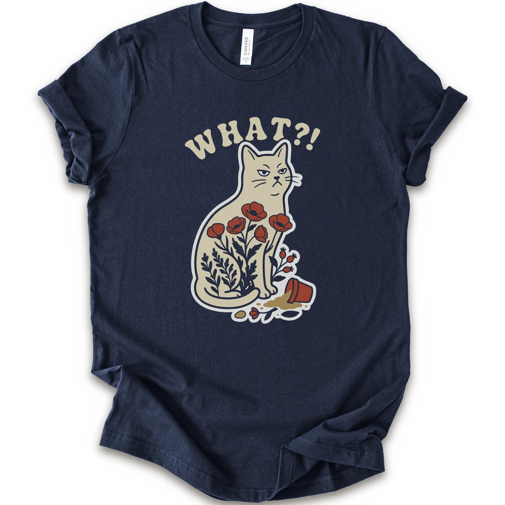 What?! Funny Cat Plant Pot Chaos T-Shirt - Navy graphic t-shirt