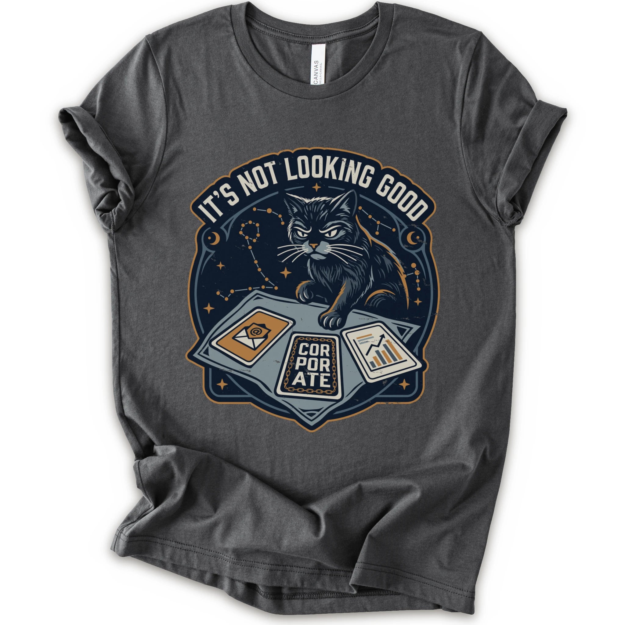 A asphalt short-sleeve t-shirt with a graphic print of a black cat sitting on a laptop with the text 'IT'S NOT LOOKING GOOD' and 'CORPORATE'.