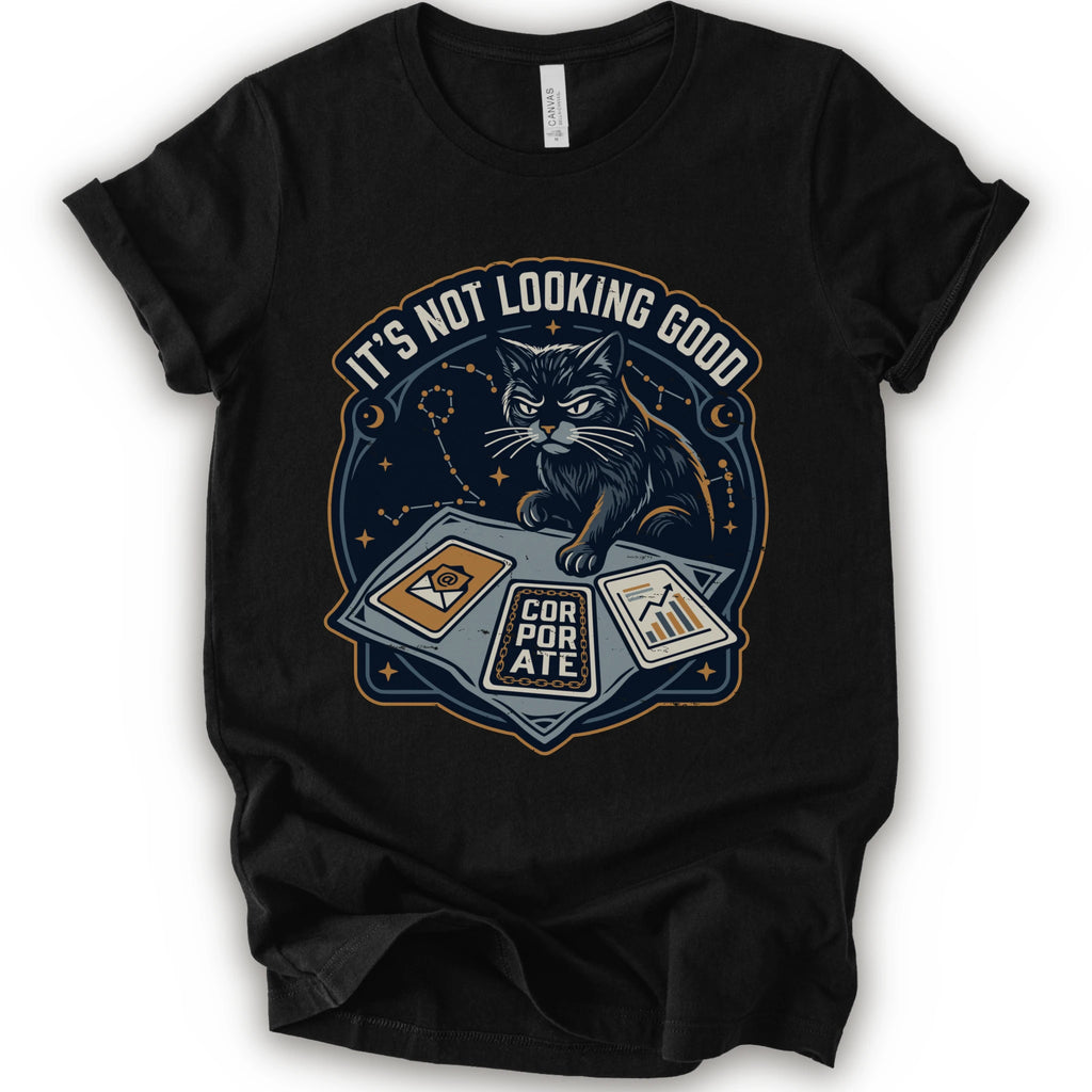 A black short-sleeve t-shirt with a graphic print of a black cat sitting on a laptop with the text 'IT'S NOT LOOKING GOOD' and 'CORPORATE'.