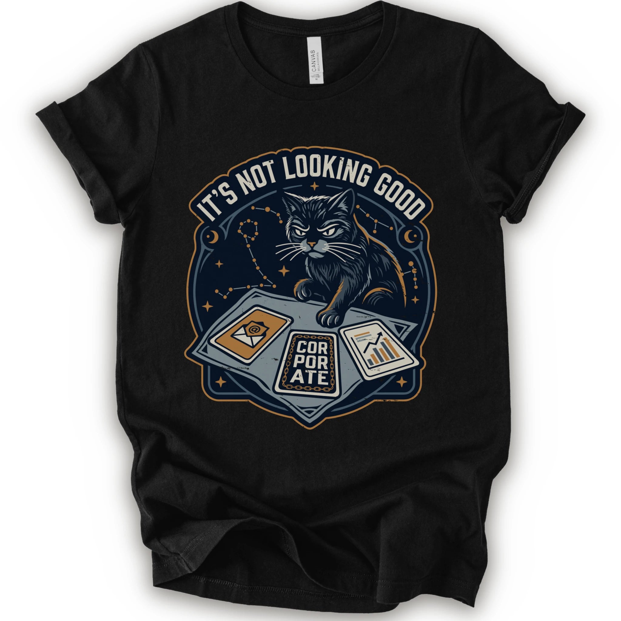 A black short-sleeve t-shirt with a graphic print of a black cat sitting on a laptop with the text 'IT'S NOT LOOKING GOOD' and 'CORPORATE'.