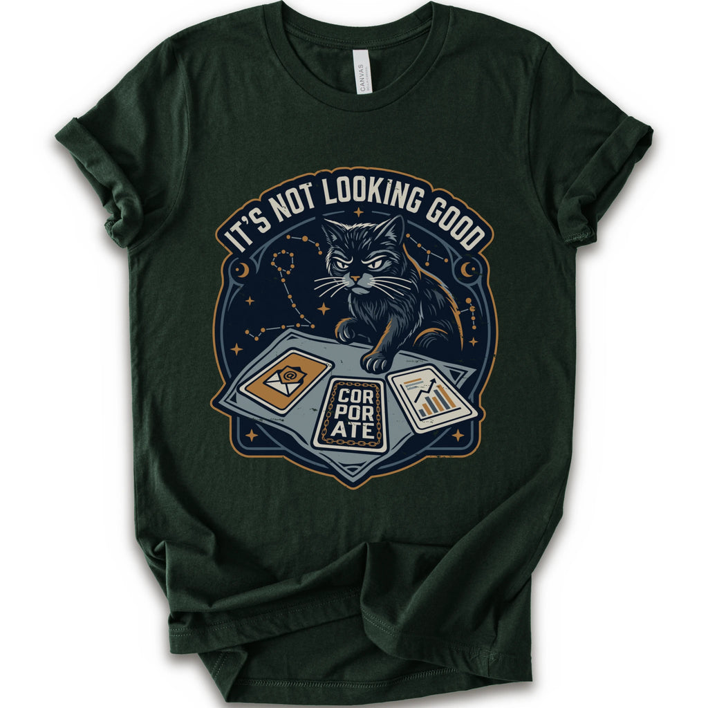 A forest short-sleeve t-shirt with a graphic print of a black cat sitting on a laptop with the text 'IT'S NOT LOOKING GOOD' and 'CORPORATE'.