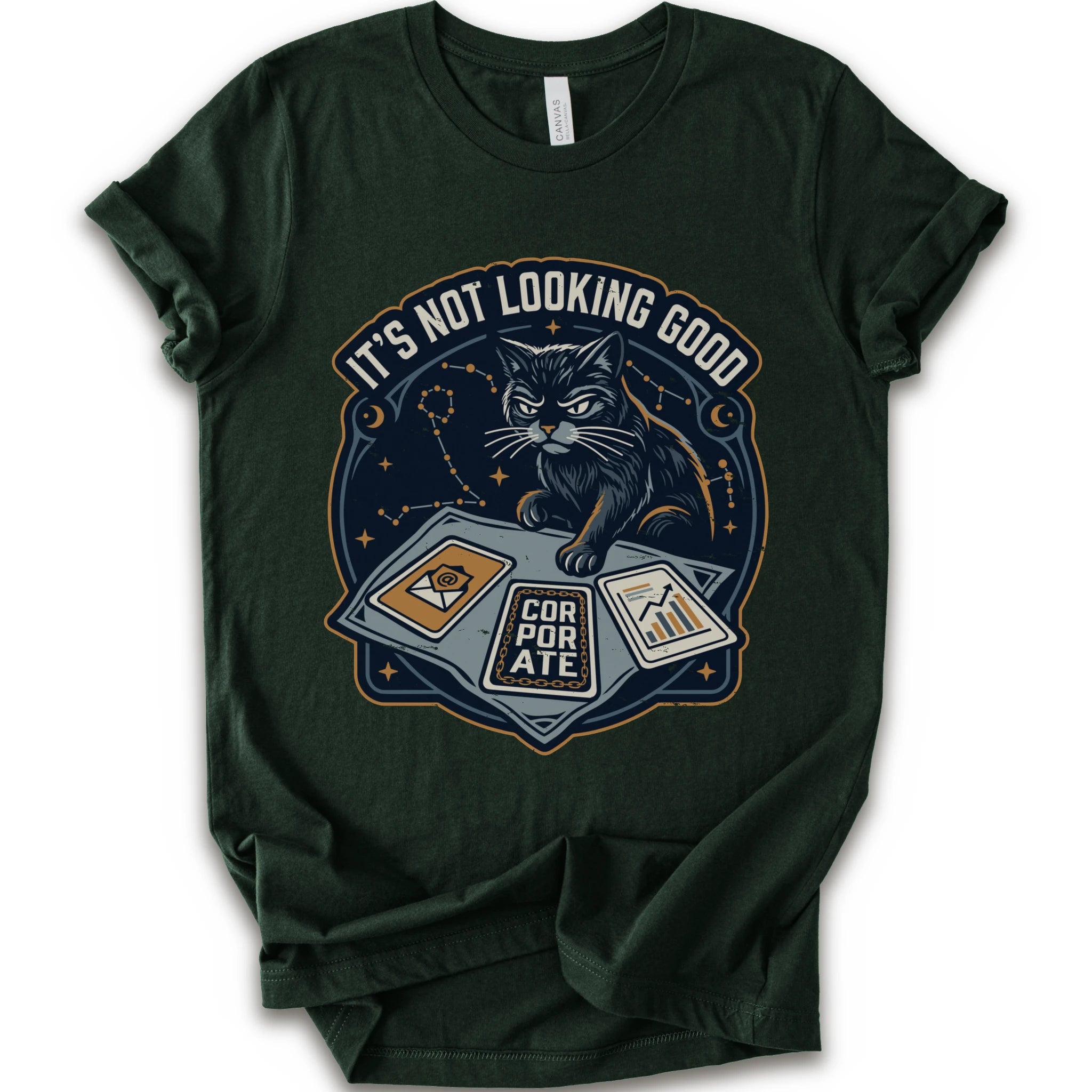 A forest short-sleeve t-shirt with a graphic print of a black cat sitting on a laptop with the text 'IT'S NOT LOOKING GOOD' and 'CORPORATE'.