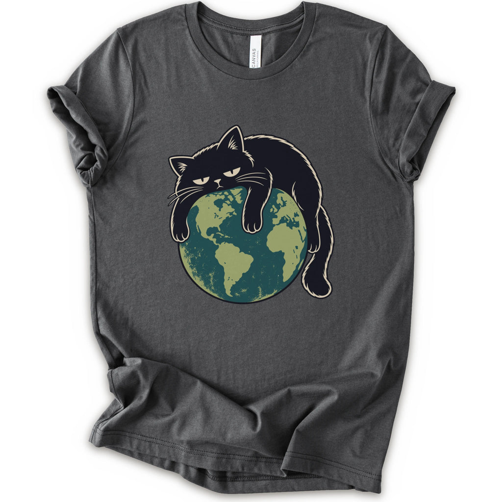 An asphalt short-sleeve crewneck t-shirt featuring a graphic of a grumpy black cat draped over a green and blue globe.
