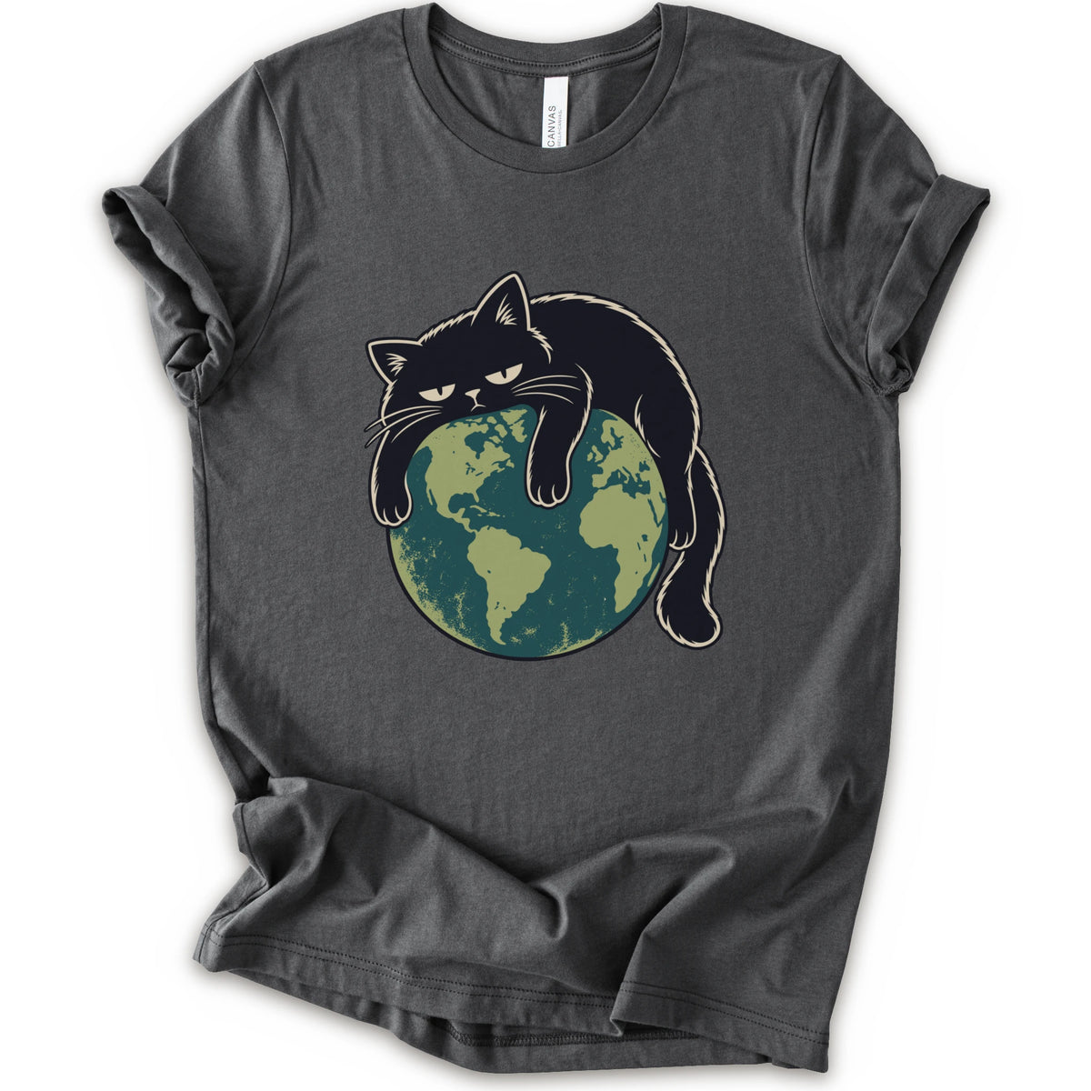 An asphalt short-sleeve crewneck t-shirt featuring a graphic of a grumpy black cat draped over a green and blue globe.