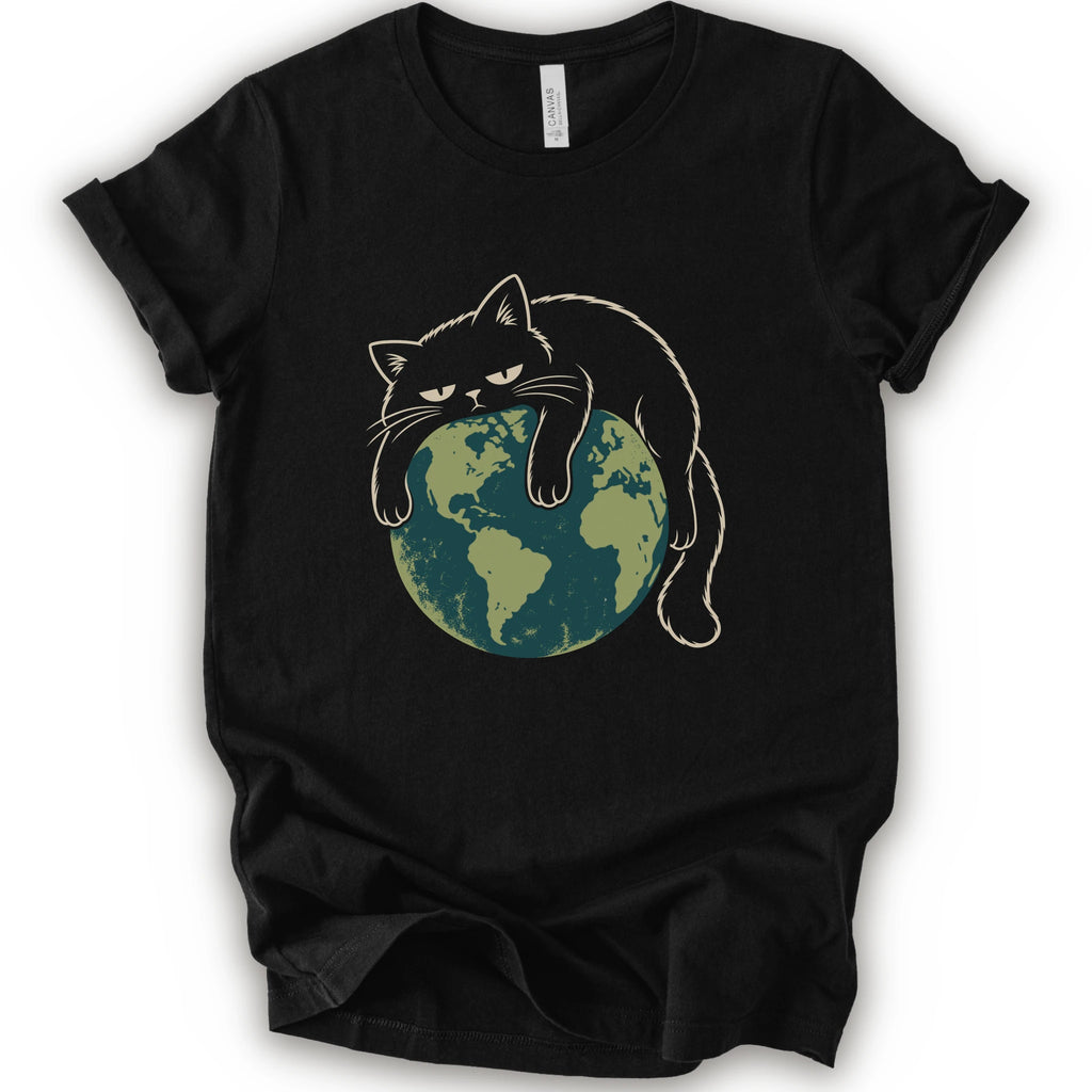 A black short-sleeve crewneck t-shirt featuring a graphic of a grumpy black cat draped over a green and blue globe.