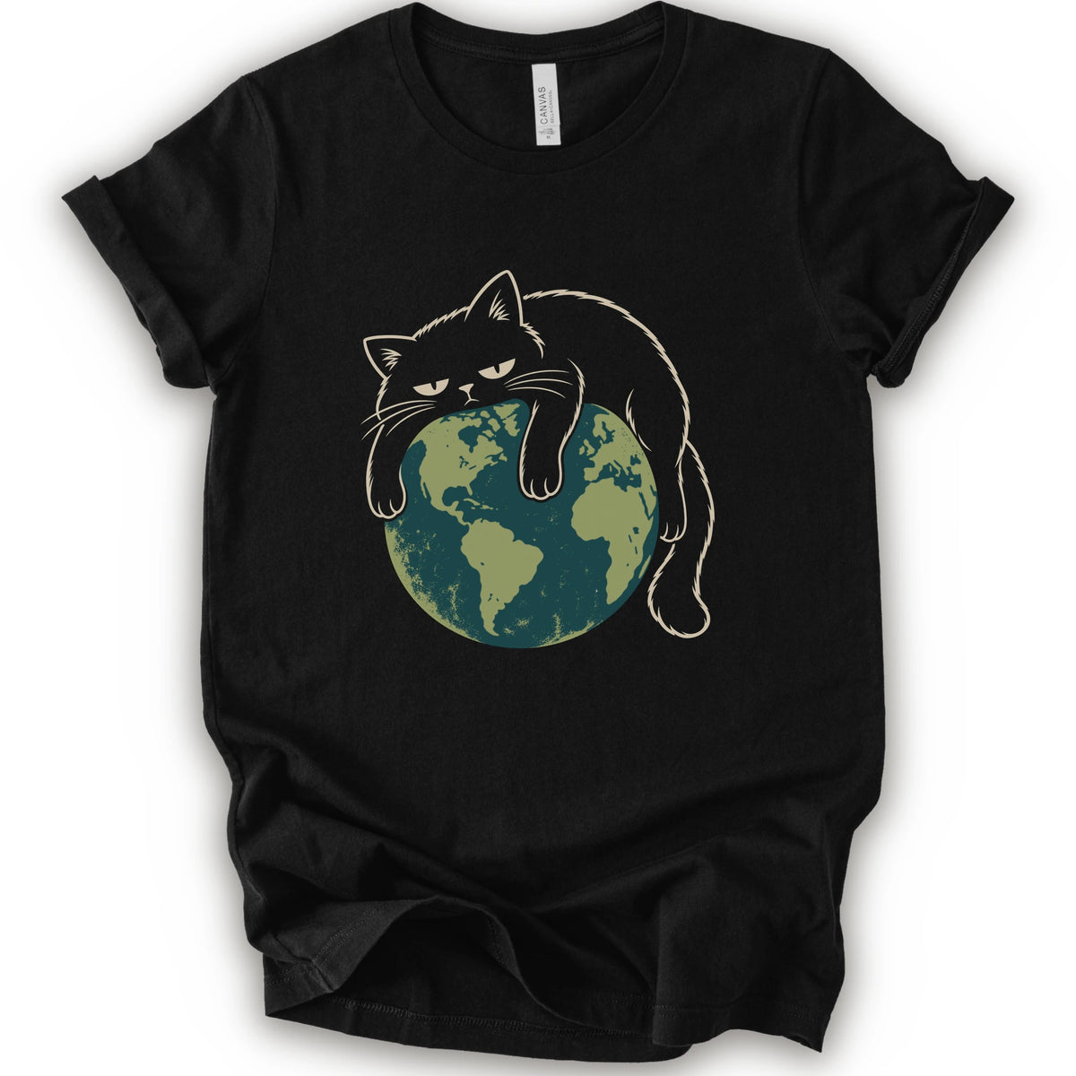 A black short-sleeve crewneck t-shirt featuring a graphic of a grumpy black cat draped over a green and blue globe.