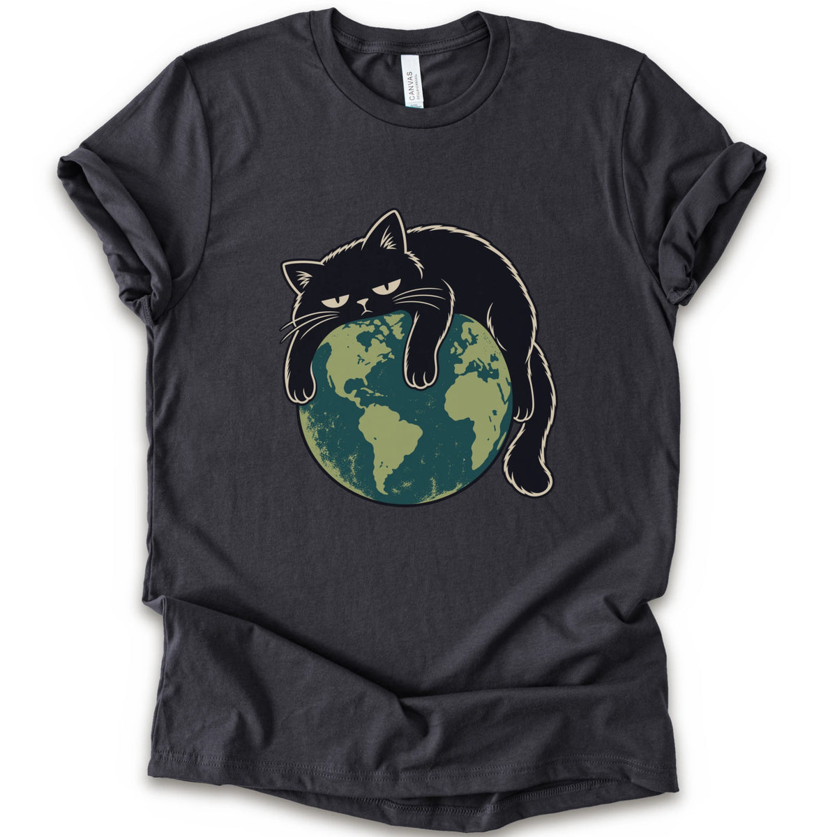 A dark grey short-sleeve crewneck t-shirt featuring a graphic of a grumpy black cat draped over a green and blue globe.