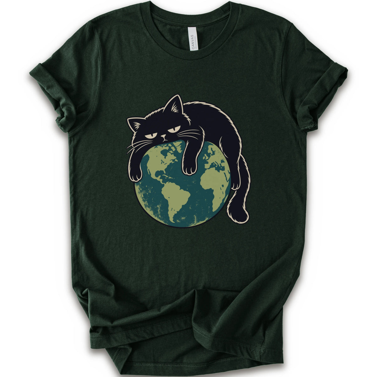 A forest short-sleeve crewneck t-shirt featuring a graphic of a grumpy black cat draped over a green and blue globe.