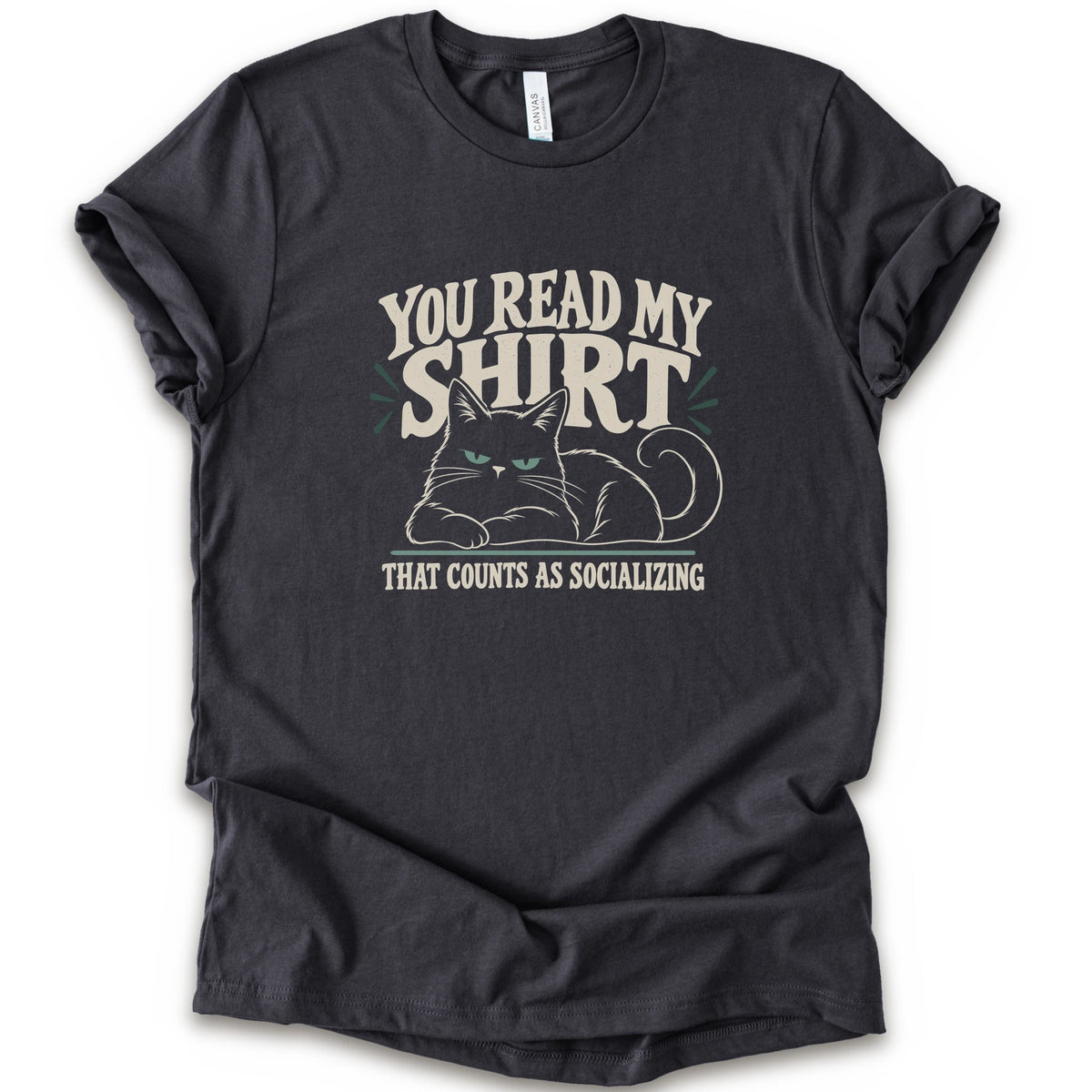 A dark grey short-sleeve crewneck t-shirt with a graphic print of a grumpy cat and the text 'YOU READ MY SHIRT THAT COUNTS AS SOCIALIZING' in cream and light green.